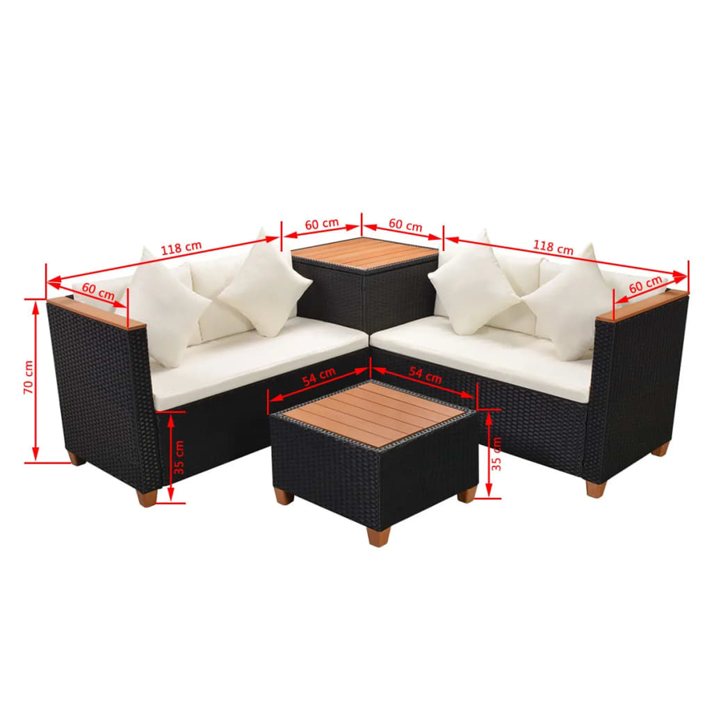4-piece garden lounge set with cushions poly rattan black