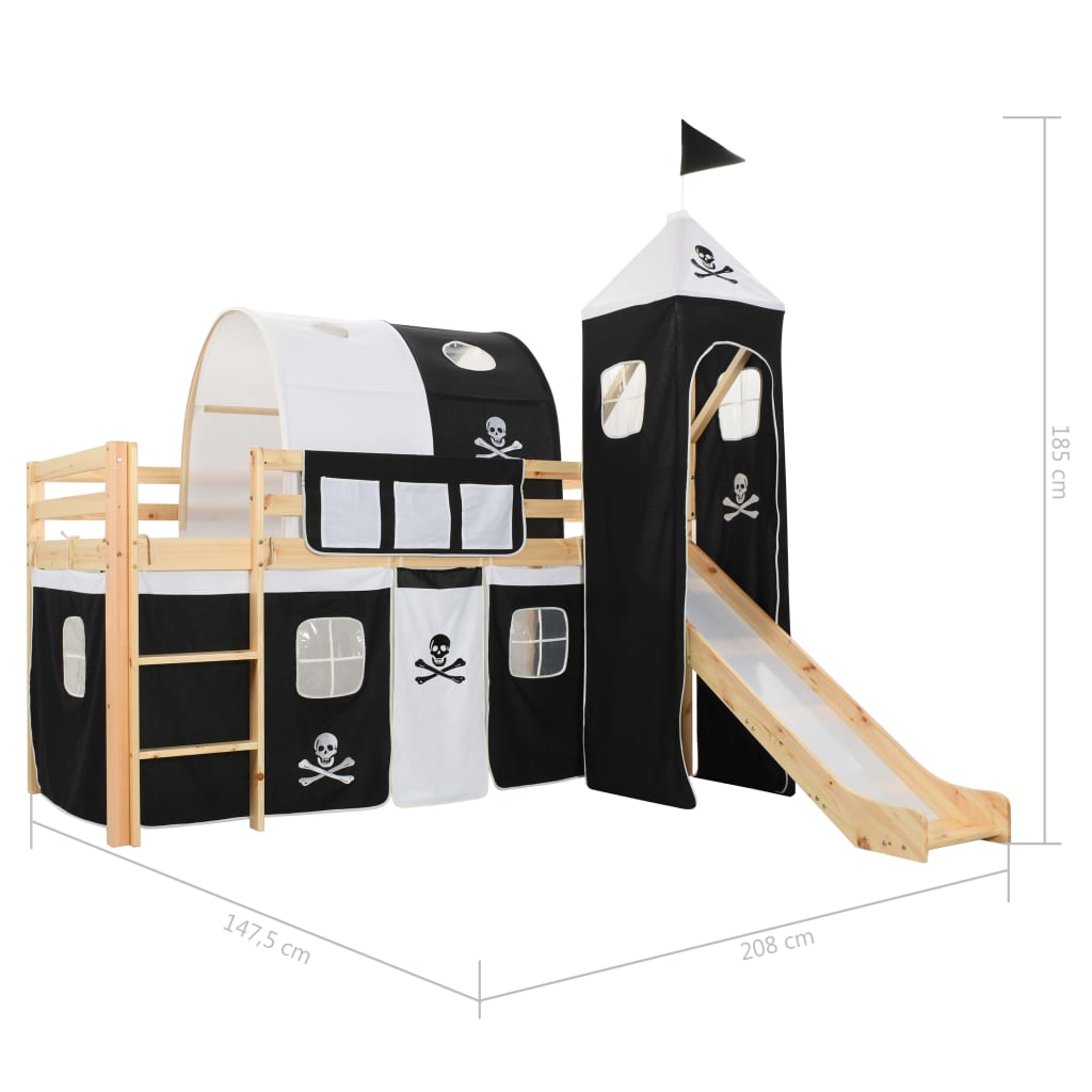 Children's loft bed frame with slide & ladder pinewood 97x208cm