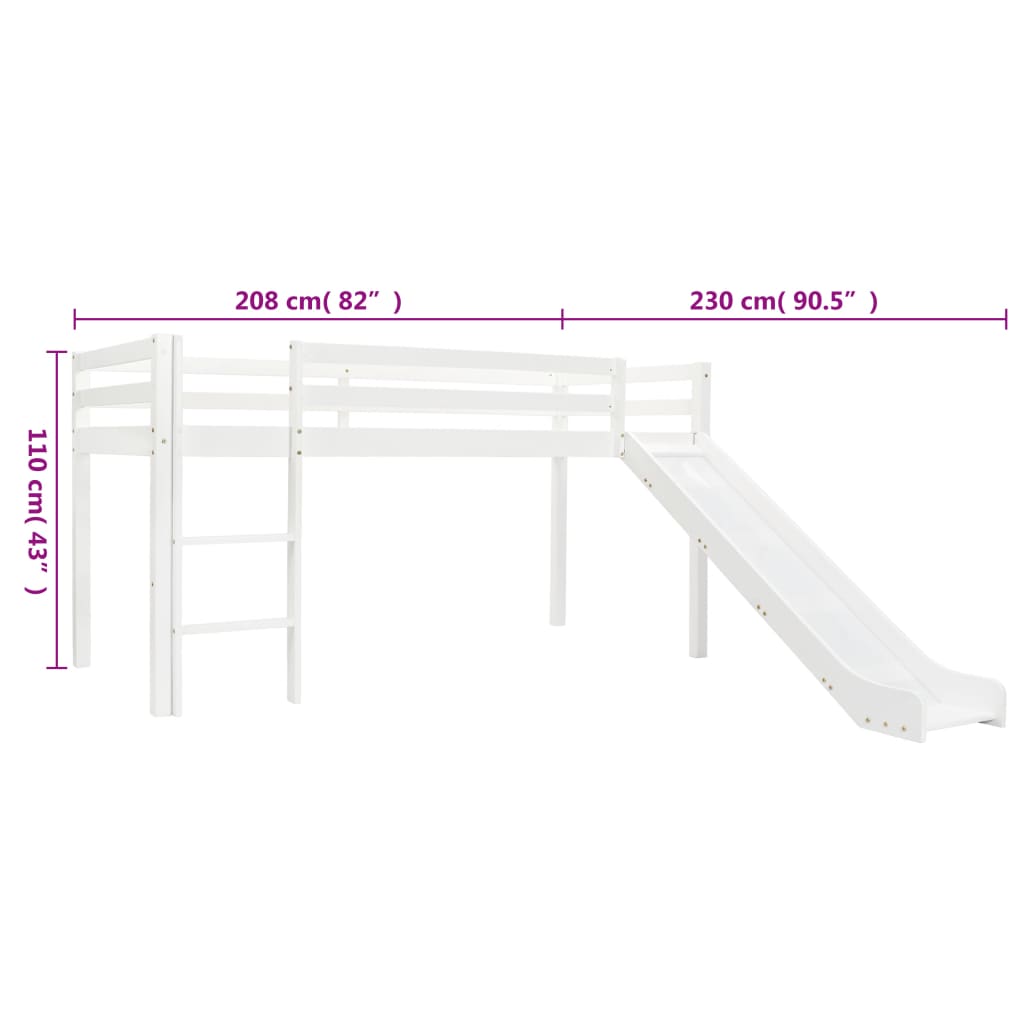 Children's loft bed frame with slide & ladder pinewood 97x208cm