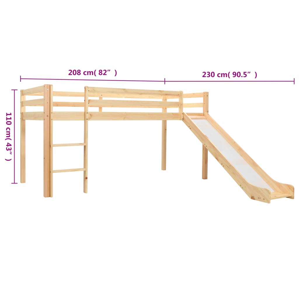 Children's loft bed frame with slide & ladder pinewood 97x208cm