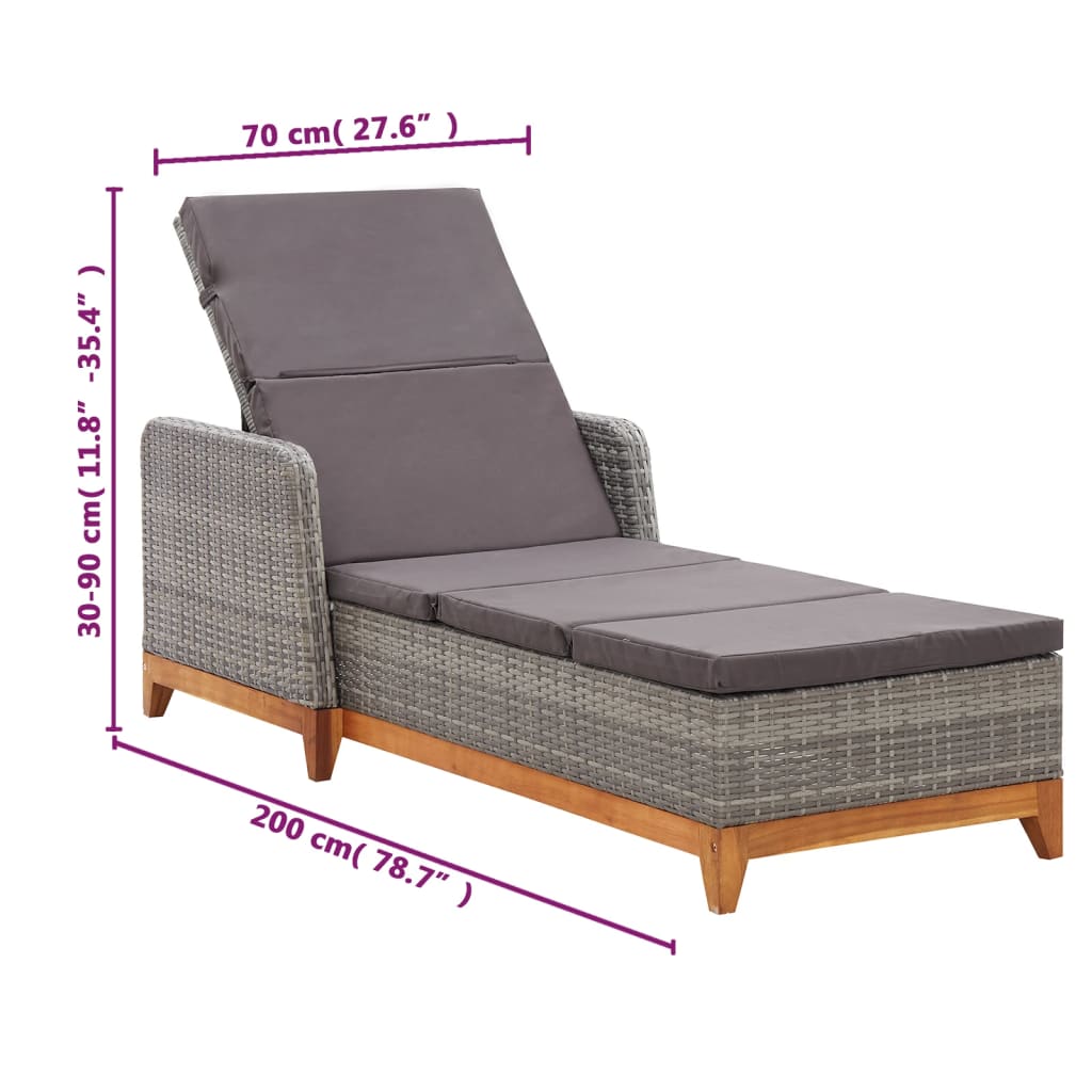 Sun lounger poly rattan and solid wood acacia grey