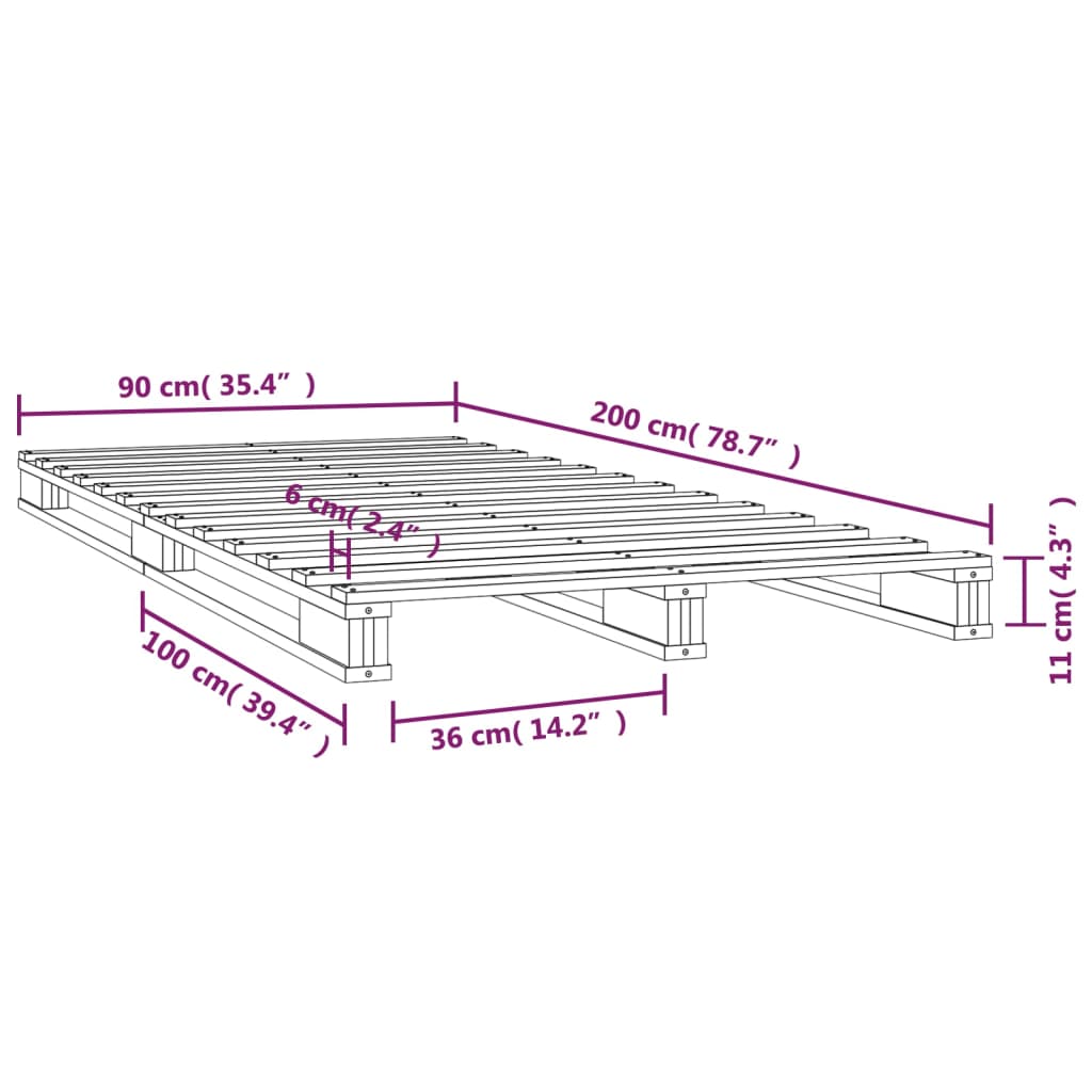 Palettenbett Weiß 90x200 cm Massivholz Kiefer