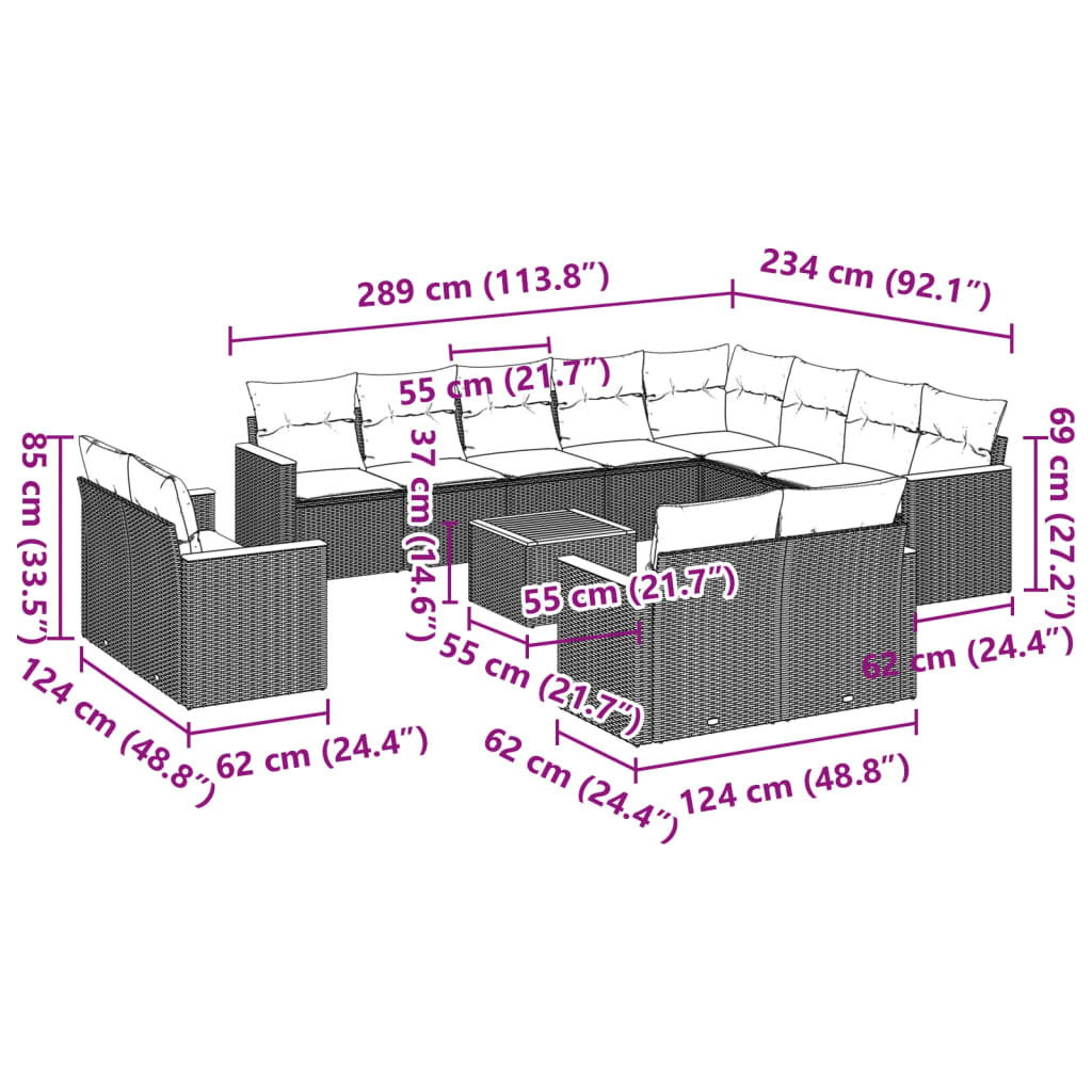 13-tlg. Garten-Sofagarnitur mit Kissen Schwarz Poly Rattan