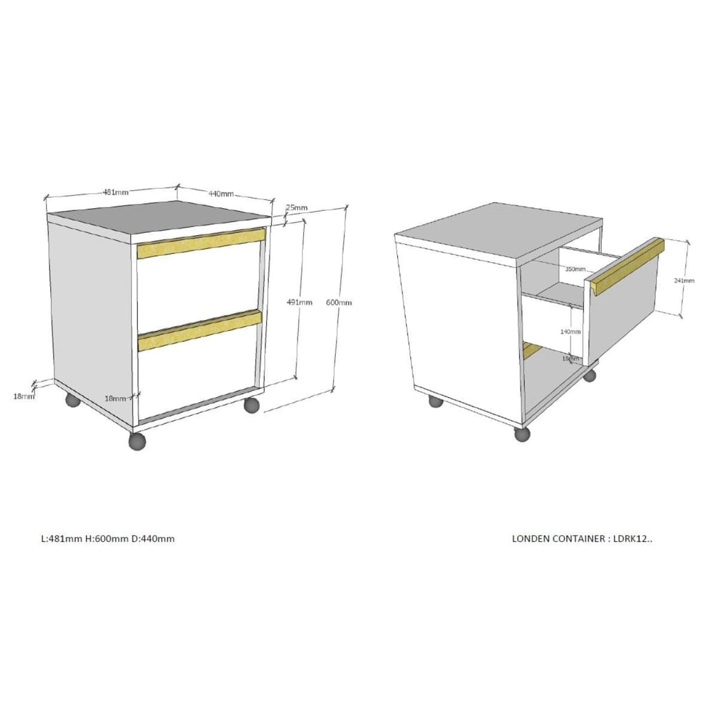 Vipack Rollcontainer London 2-Schubladen Holz Anthrazit