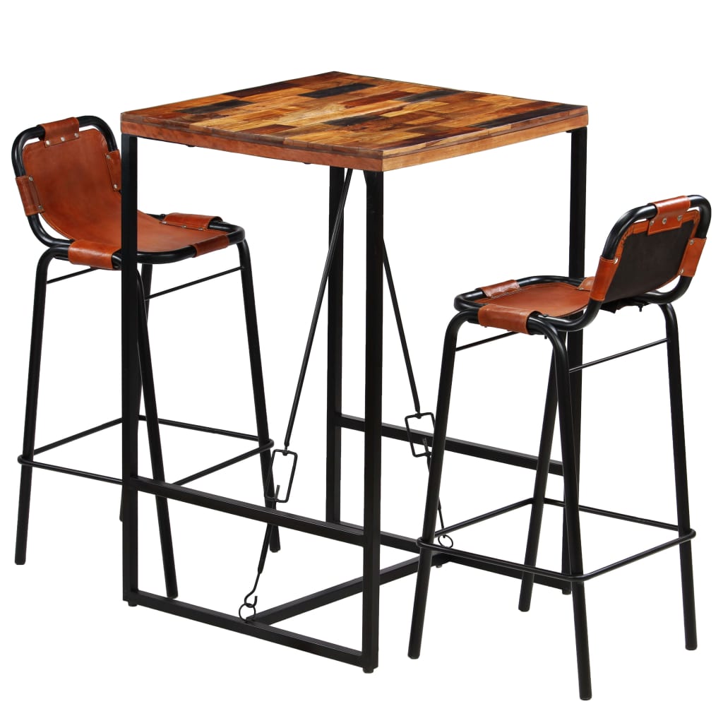 Bar set 3-piece solid reclaimed wood and genuine goat leather