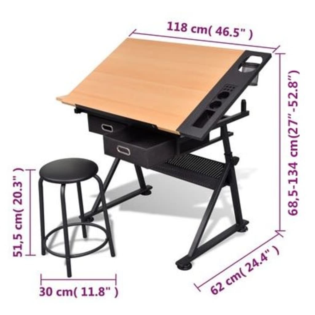 Drawing table with tilting table top 2 drawers and stool
