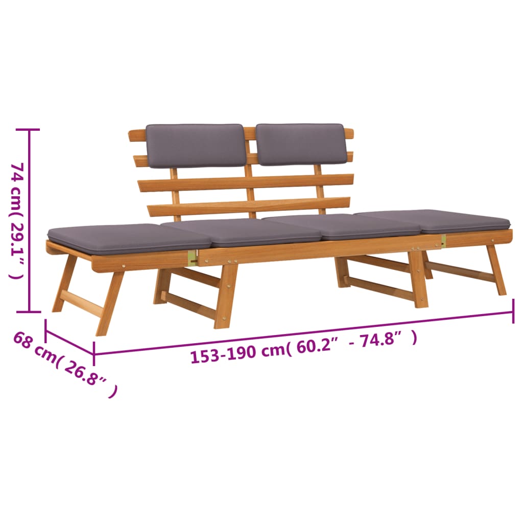 2-in-1 garden lounger with cushion 190 cm solid acacia wood