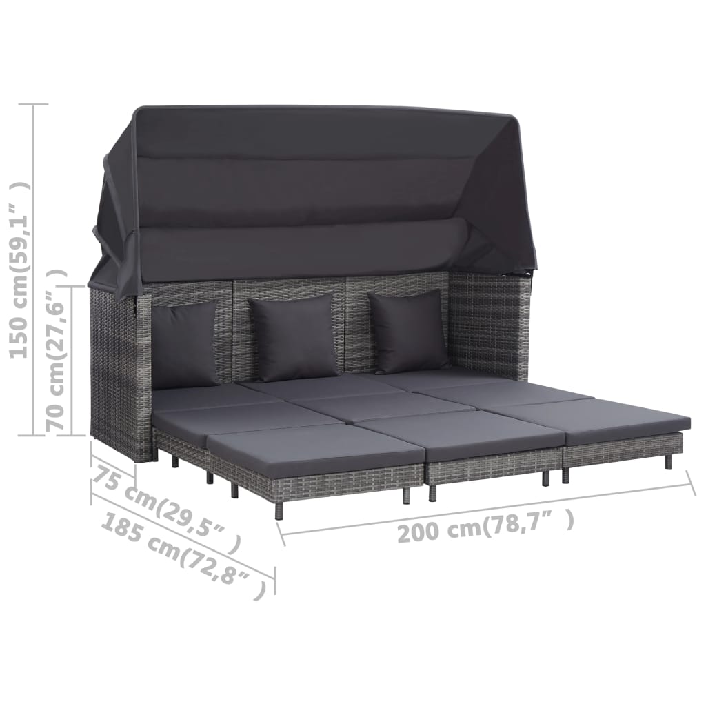 3-seater extendable sofa bed with roof poly rattan grey