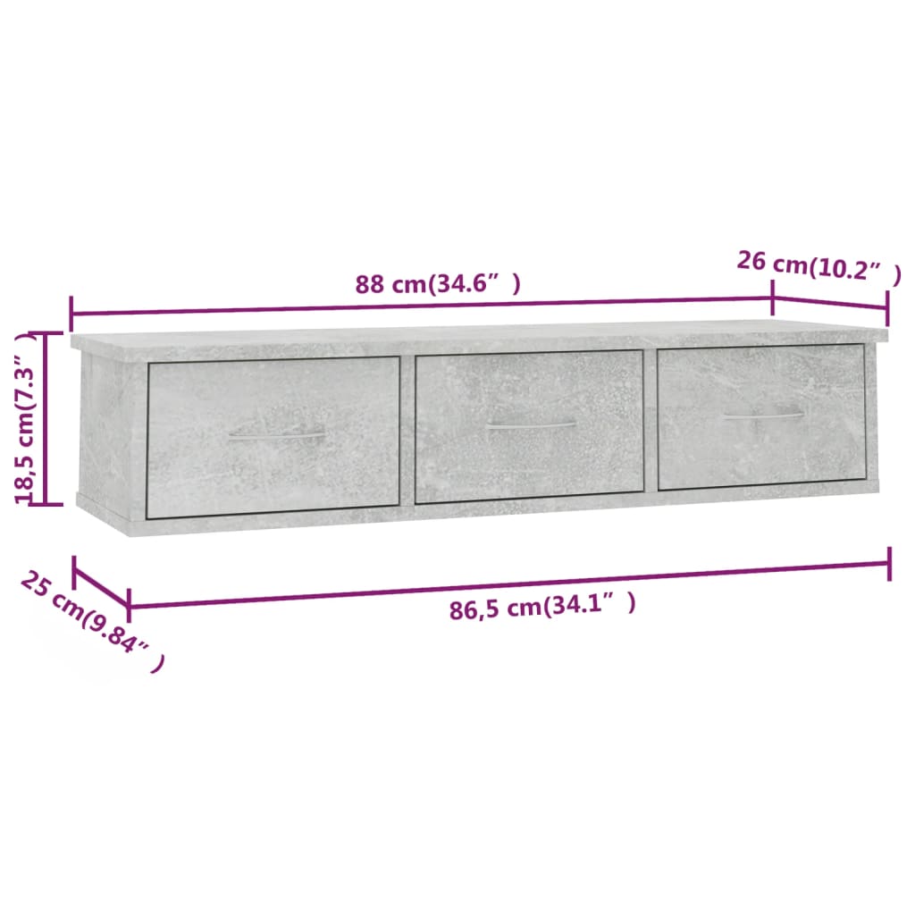 Wall drawer shelf concrete grey 88x26x18.5 cm wood material