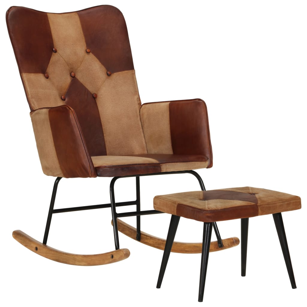 Stolica za ljuljanje sa tabureom smeđa prava koža i platno