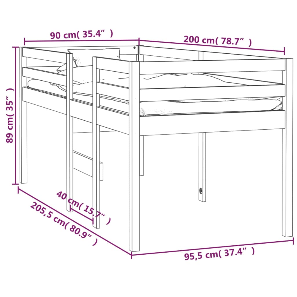 Loft bed white 90x200 cm solid pine wood
