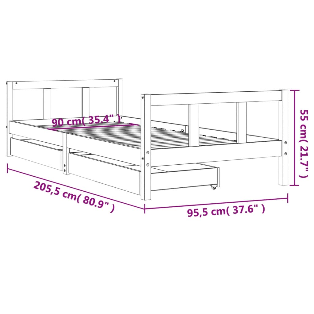 Children's bed with drawers black 90x200 cm solid pine wood