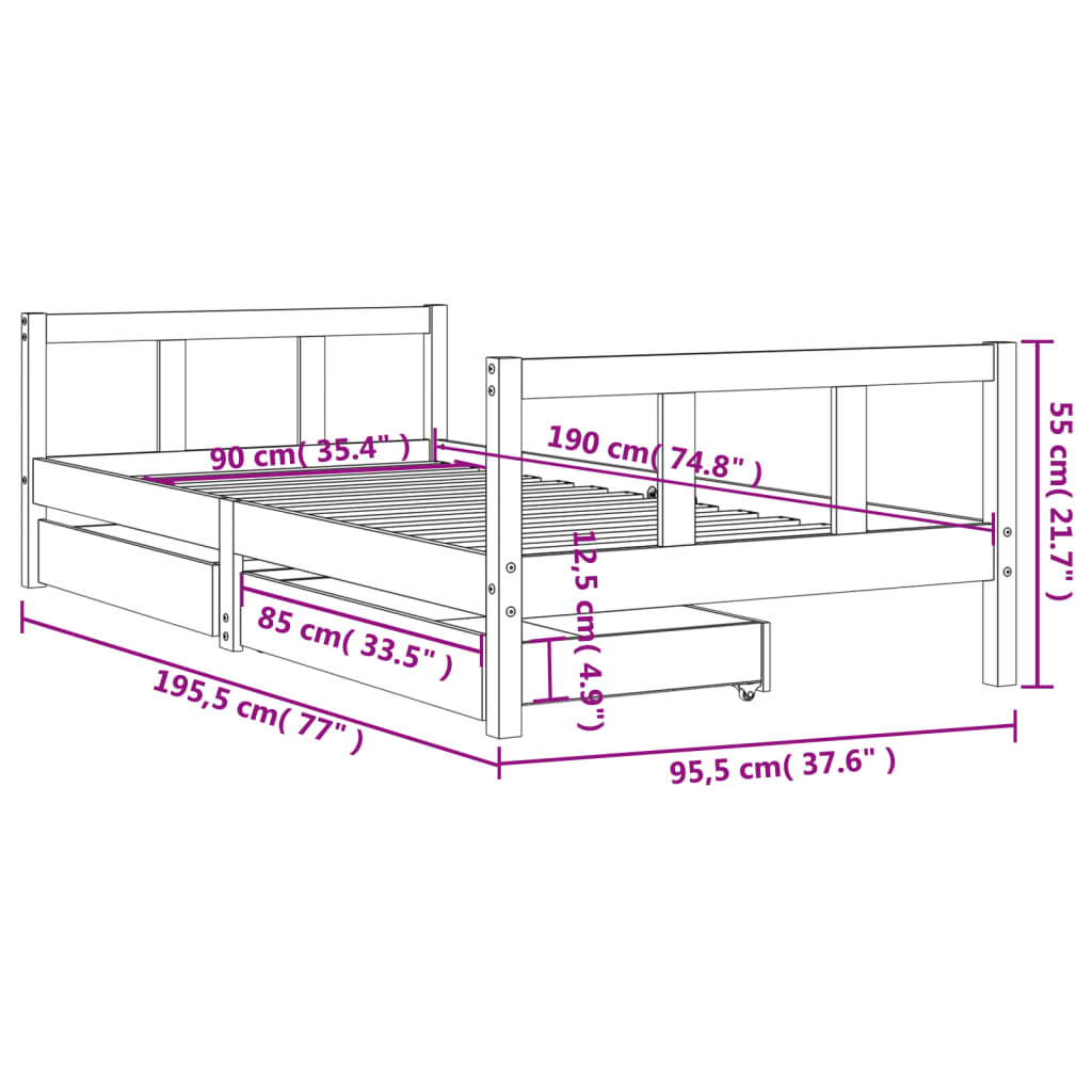 Children's bed with drawers 90x190 cm solid pine wood