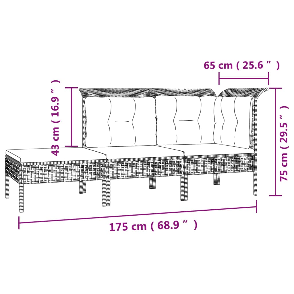 3-piece garden lounge set with cushions grey poly rattan