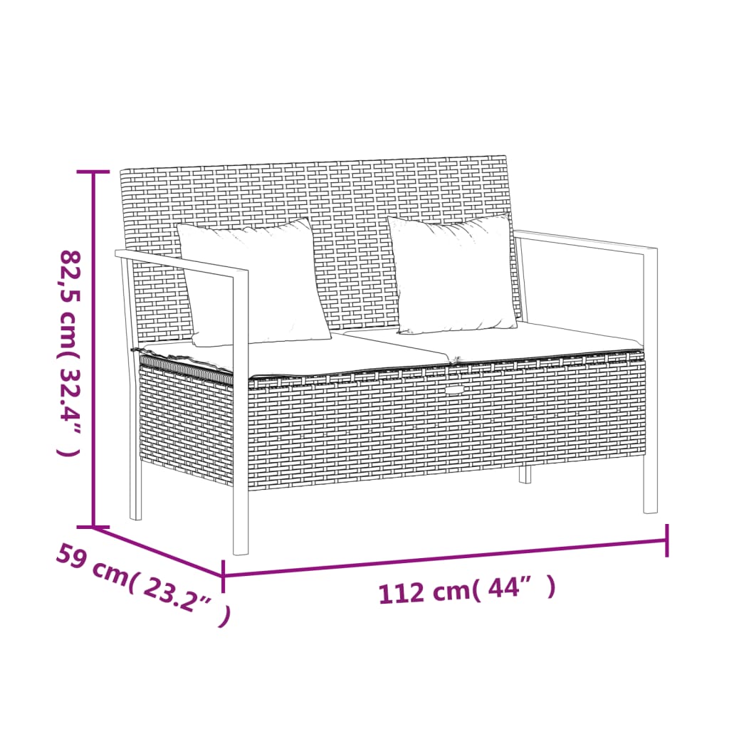Garden bench 2-seater with cushions brown poly rattan