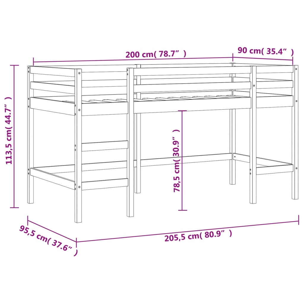 Children's loft bed with ladder white 90x200 cm solid pine wood