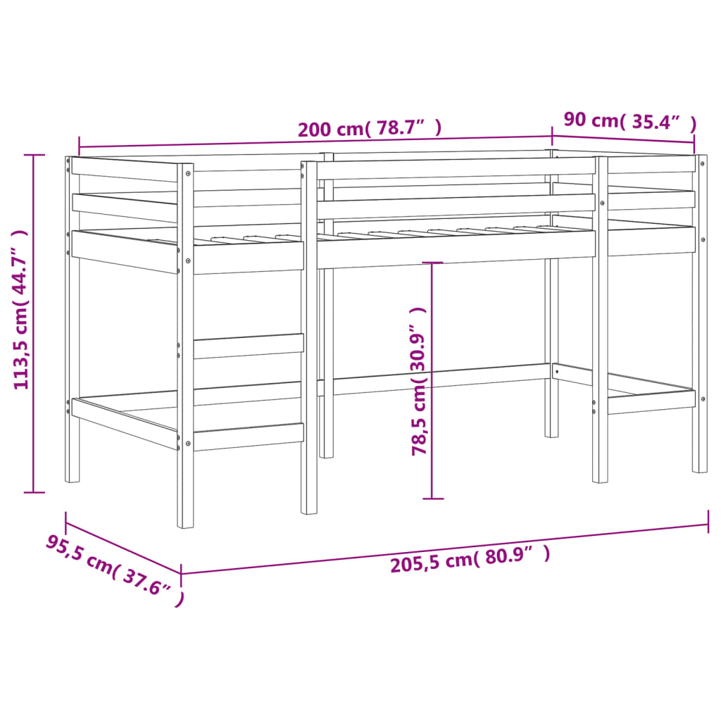 Children's loft bed with ladder black 90x200 cm solid pine wood