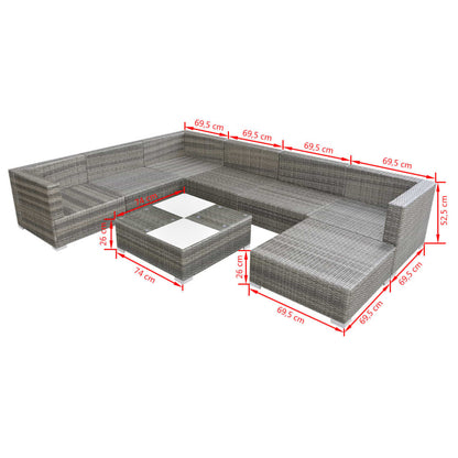 8-tlg. Garten-Lounge-Set mit Kissen Poly Rattan Grau