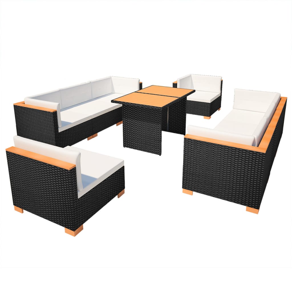 10-tlg. Garten-Lounge-Set mit Auflagen Poly Rattan Schwarz