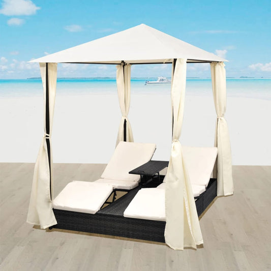 Double sun lounger with curtain poly rattan black