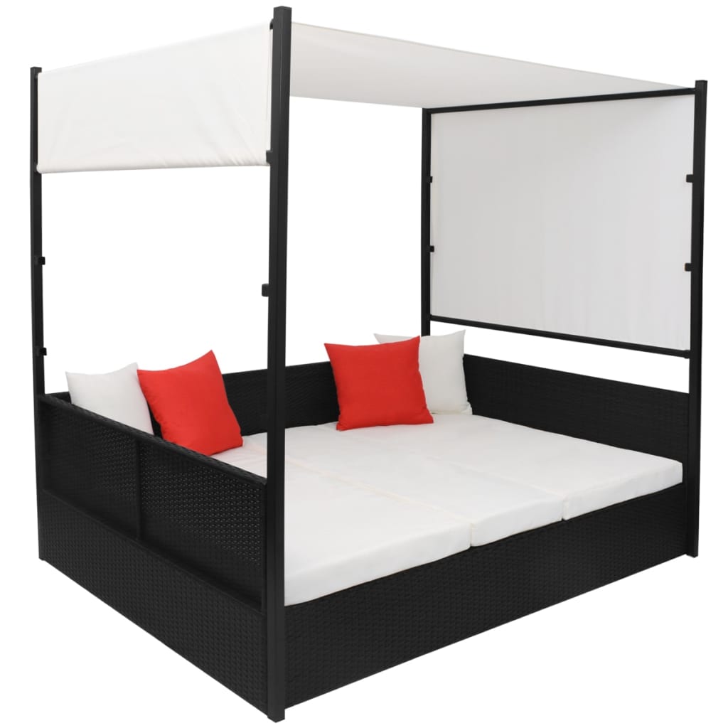 Gartenbett mit Baldachin Schwarz 190×130 cm Poly Rattan