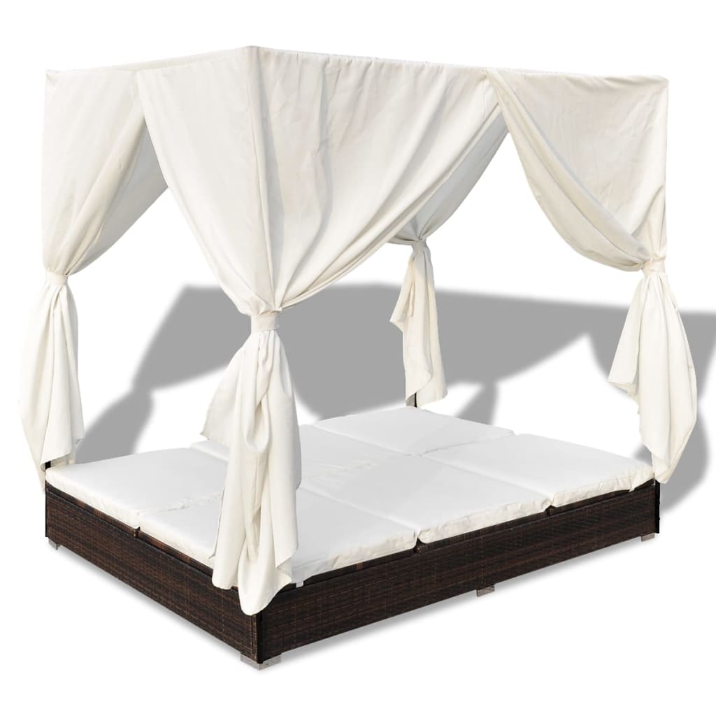 Outdoor lounge bed with curtain poly rattan brown