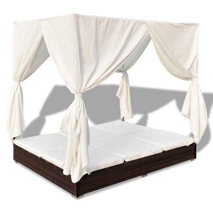 Outdoor lounge bed with curtain poly rattan brown