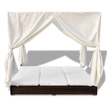 Outdoor lounge bed with curtain poly rattan brown