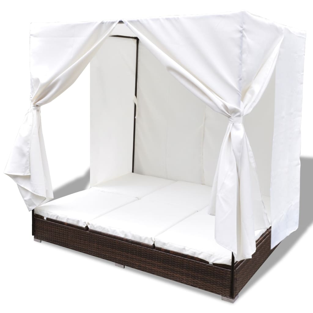 Outdoor lounge bed with curtain poly rattan brown