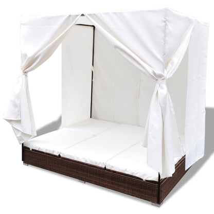 Outdoor lounge bed with curtain poly rattan brown