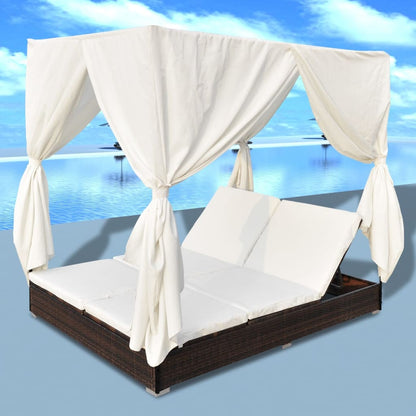 Outdoor lounge bed with curtain poly rattan brown