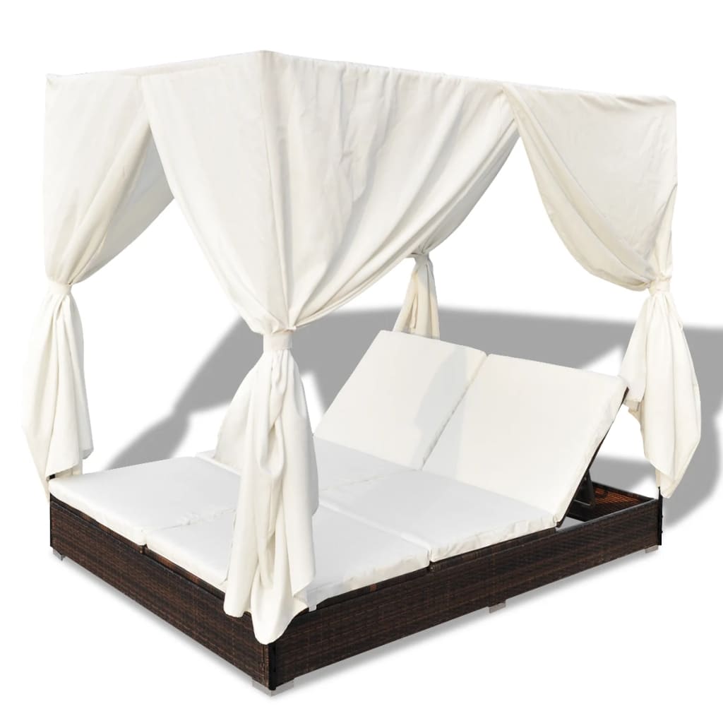 Outdoor lounge bed with curtain poly rattan brown