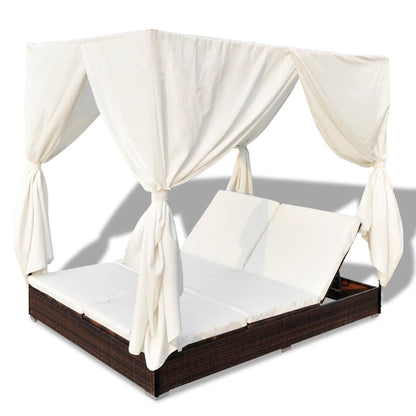 Outdoor lounge bed with curtain poly rattan brown