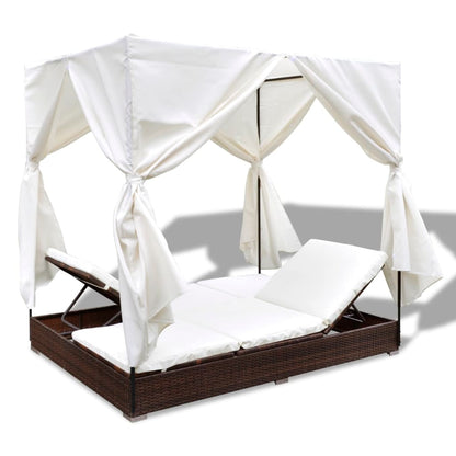 Outdoor lounge bed with curtain poly rattan brown