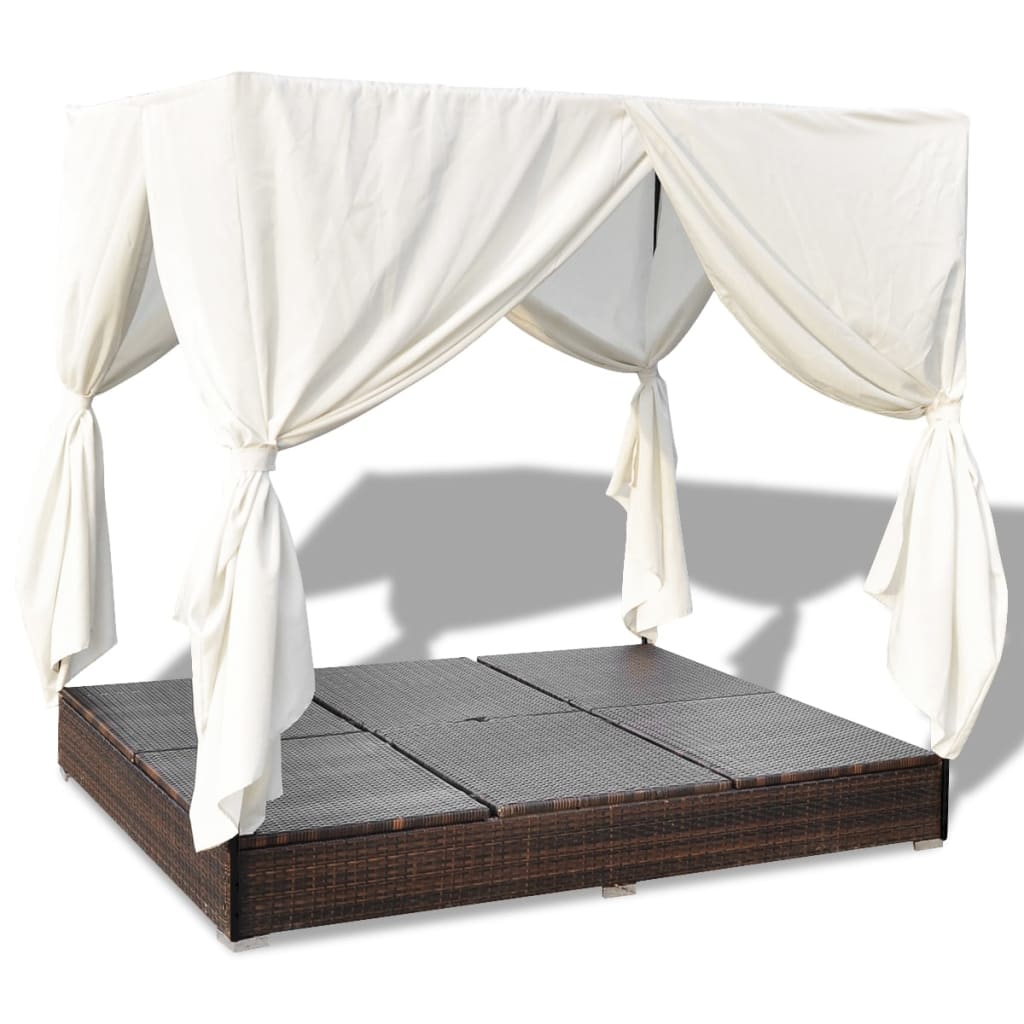 Outdoor lounge bed with curtain poly rattan brown