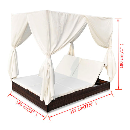 Outdoor lounge bed with curtain poly rattan brown