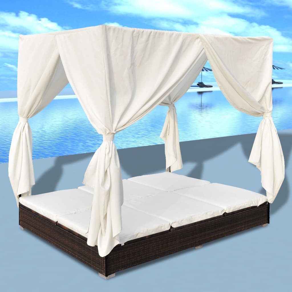 Outdoor lounge bed with curtain poly rattan brown