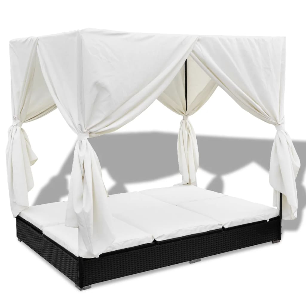 Outdoor lounge bed with curtain poly rattan black