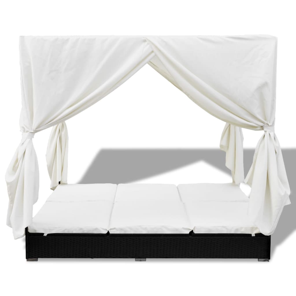 Outdoor lounge bed with curtain poly rattan black