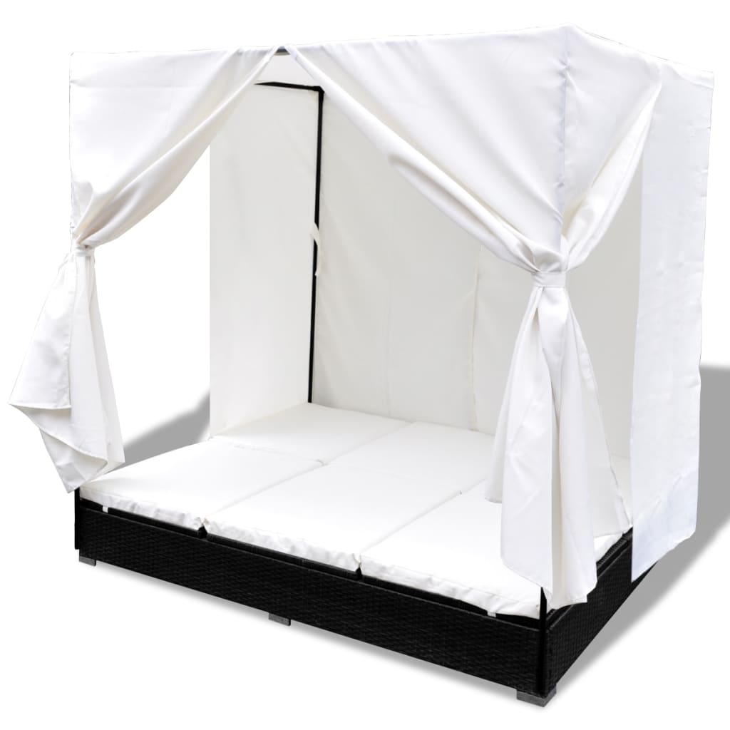 Outdoor lounge bed with curtain poly rattan black