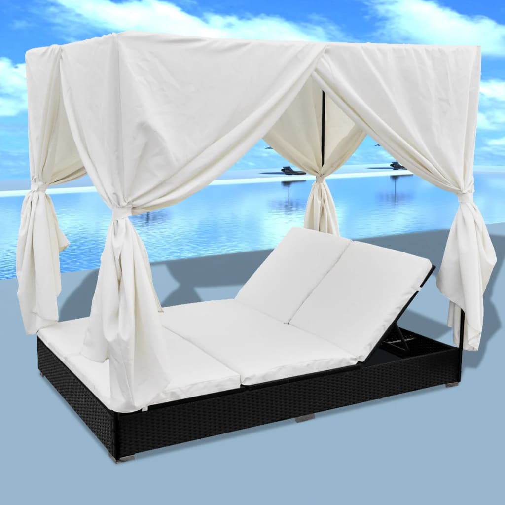 Outdoor lounge bed with curtain poly rattan black