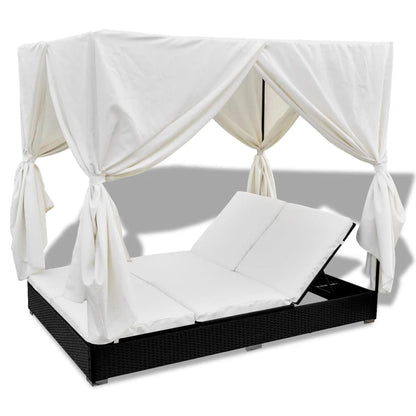 Outdoor lounge bed with curtain poly rattan black