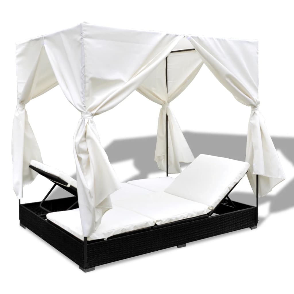 Outdoor lounge bed with curtain poly rattan black