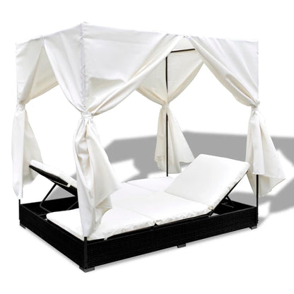 Outdoor lounge bed with curtain poly rattan black