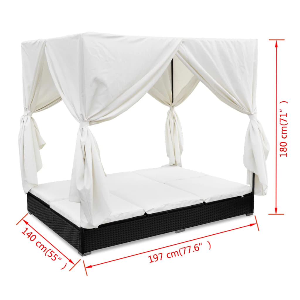 Outdoor lounge bed with curtain poly rattan black