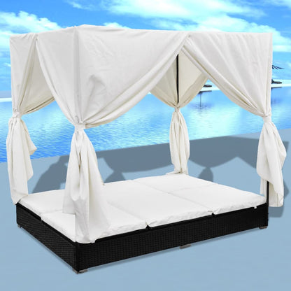 Outdoor lounge bed with curtain poly rattan black