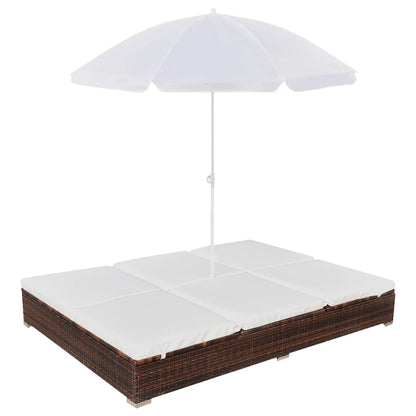 Outdoor lounge bed with parasol poly rattan brown