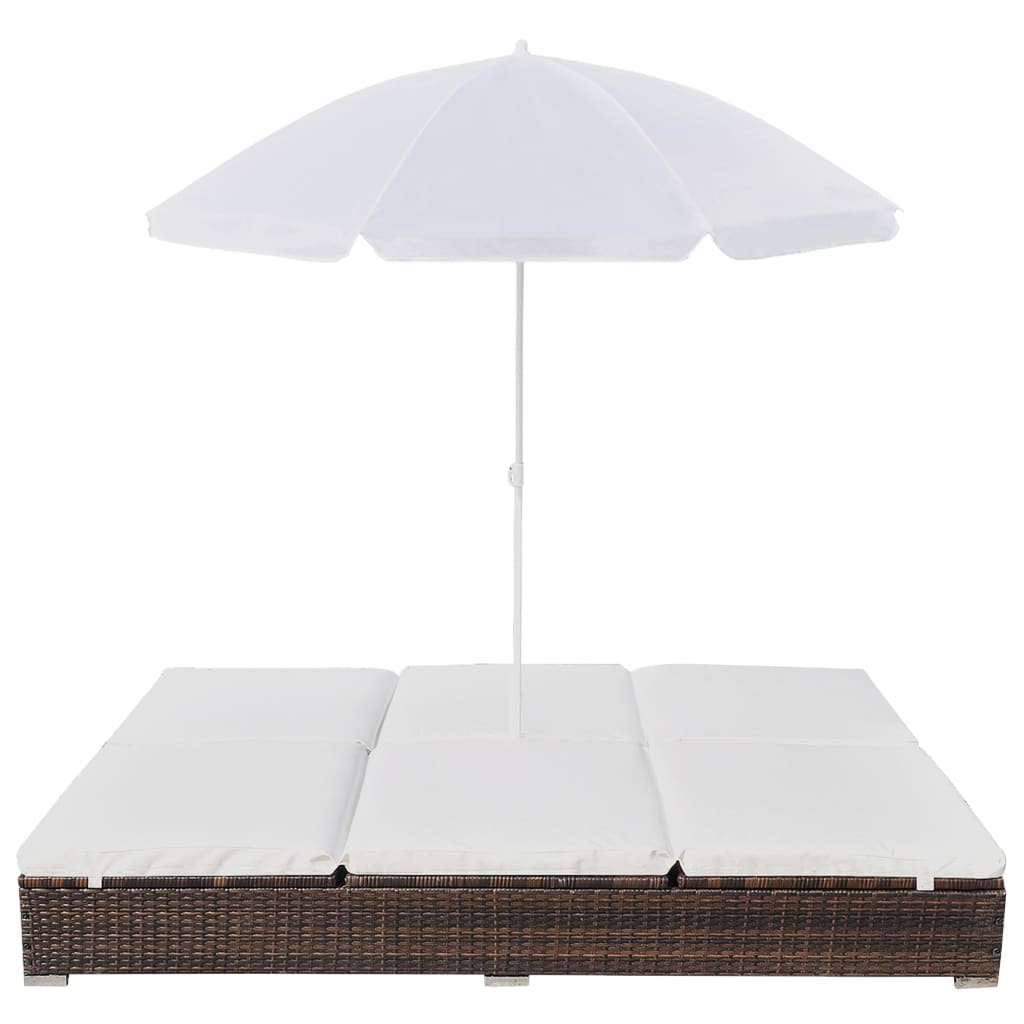 Outdoor lounge bed with parasol poly rattan brown