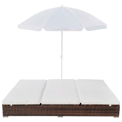 Outdoor lounge bed with parasol poly rattan brown