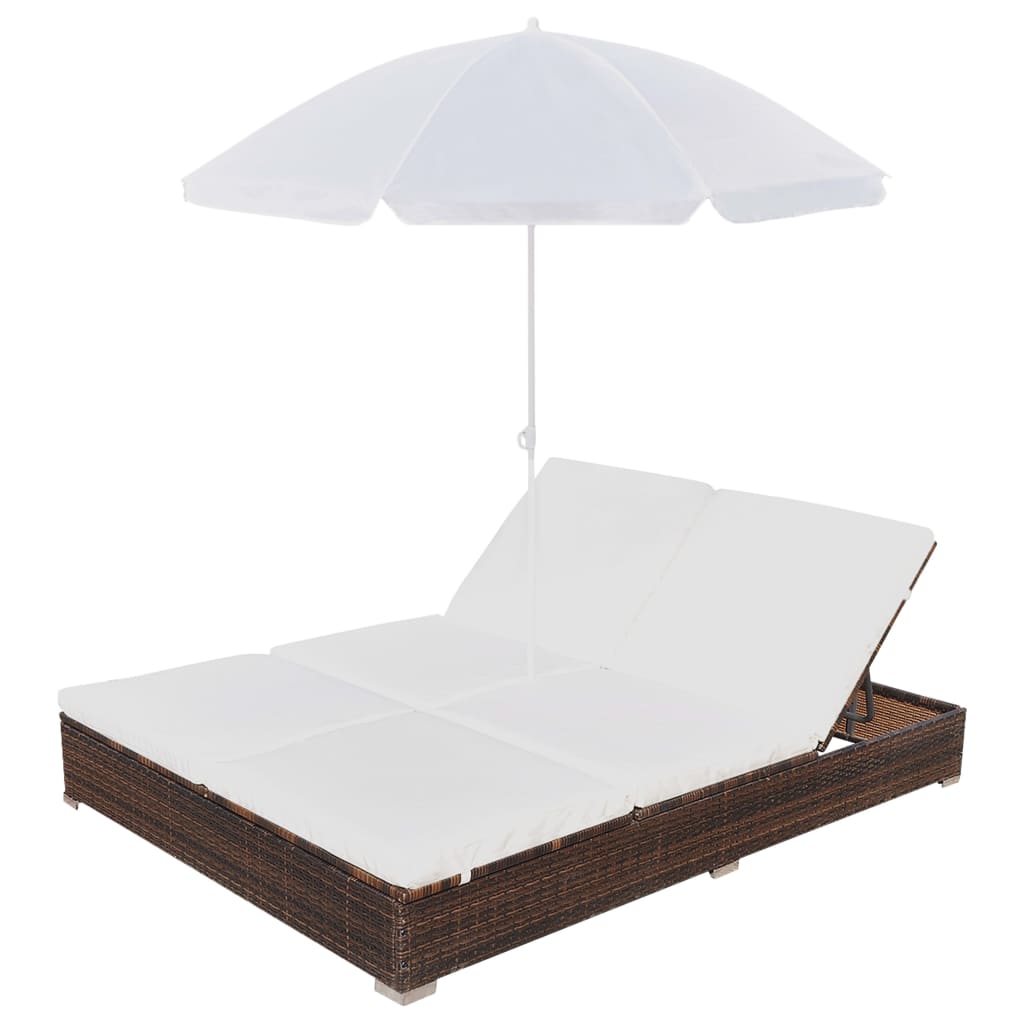 Outdoor lounge bed with parasol poly rattan brown